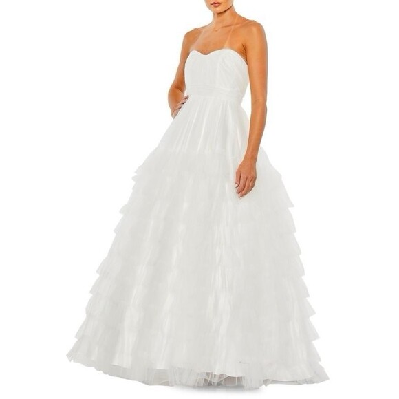 Mac Duggal Dress Women's 4 White Tiered Ruffle Strapless Ball Gown Bridal Tulle - Picture 1 of 12